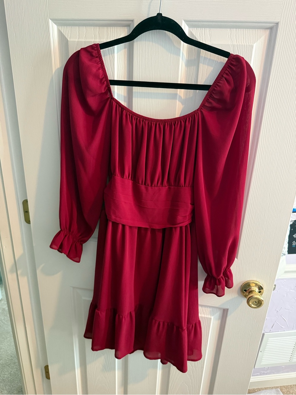 SHEIN Burgundy Long Sleeve Square Neck Ruffle Hem Dress